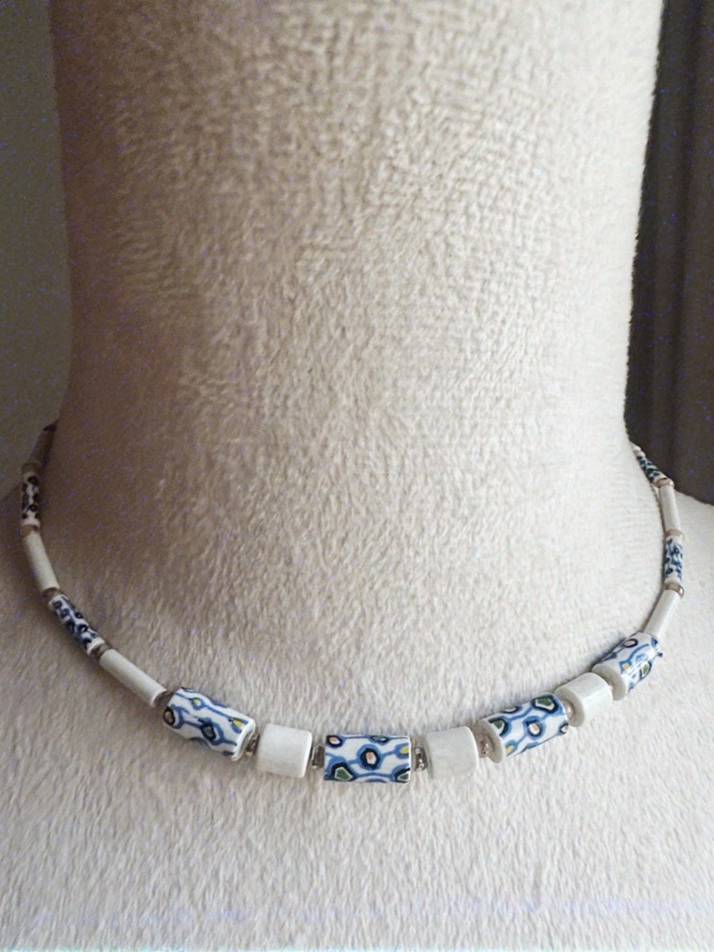 Handmade Blue & White Ceramic Bead Necklace - Women Jewelry